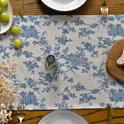 Dark Grey Cotton Linen Table Runner 13x72 Inch - Monochrome Chinoiserie Decor