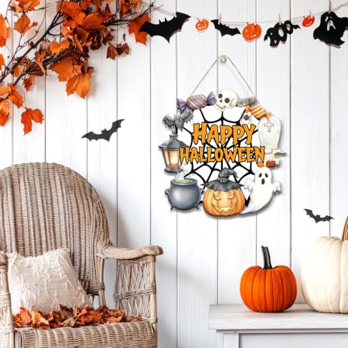 Happy Halloween Spiderweb Wooden Door Sign - Multicolor 01 Halloween Wall Art