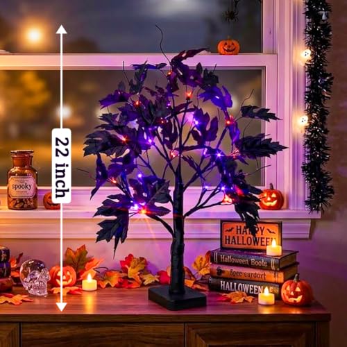 Indoor Halloween Tree Lights with Timer - 22-Inch Black Maple with Orange and Purple LEDs