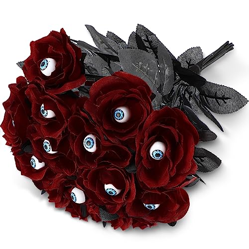 Halloween Artificial Roses Bouquet with Eyeball - 20 Pcs Creepy Floral Decorations, Red