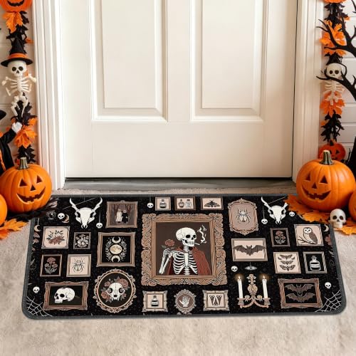 Halloween Gothic Skeleton Kitchen Rugs Set - Victorian Curiosity, 3 Sizes, Festive Decor with Skeleton Frame Variation