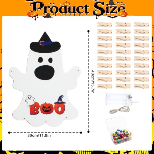 Halloween Ghost Door Sign with LED Lights and Photo Holder, Wooden Wall Decor