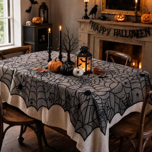 Halloween Spider Web Tablecloth Set - 54x72 Rectangular & 42 Inch Round Black Lace Decor