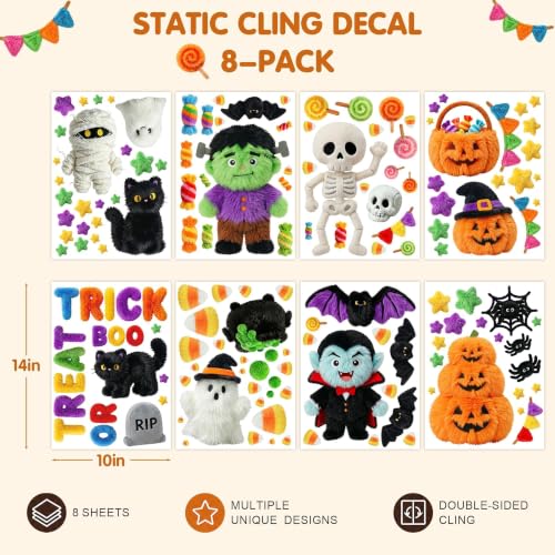 Plush Style Halloween Window Clings - 8 Sheets Spooky Cute Decals for Home & Office Decor