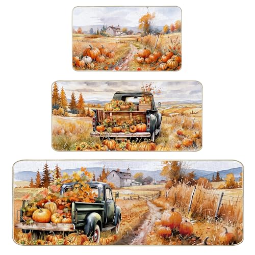 Fall Kitchen Rugs Set - Harvest Pumpkin Pickup Truck & Scarecrow Non Slip Burlap Mats - 3 Sizes