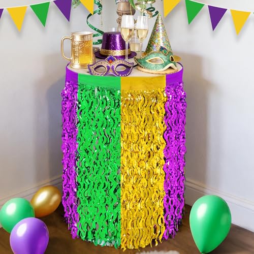 Mardi Gras Decorations 2 Pack Purple Green Gold Metallic Tinsel Fringe Table Skirts