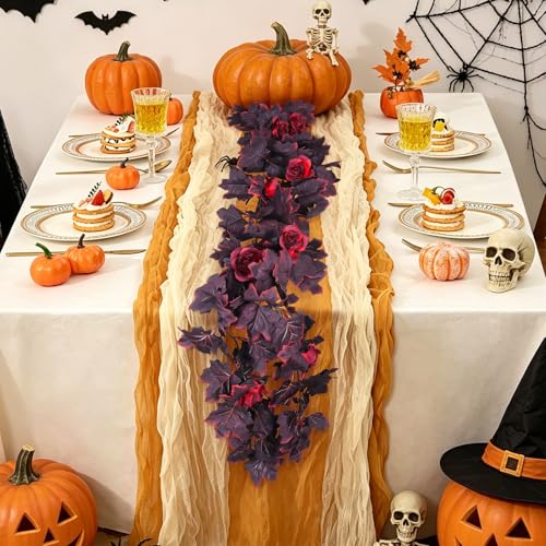 Fall Leaves Garland with Burgundy Maple & Black Rose Accents - 11.4ft Decorative Vine