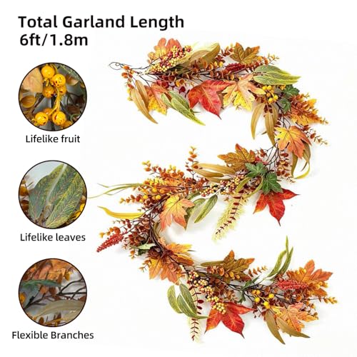 6FT Fall Maple Leaf Garland for Mantle Fireplace Table Decor - Autumn Harvest Wreath