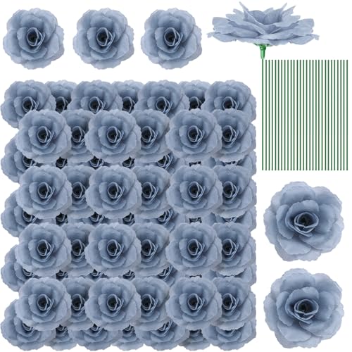 Artificial Blue Roses Bouquet - 100 Pcs Long Stem Silk Flowers for Wedding & Party Decor - Dusty Blue