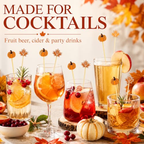 Fall Pumpkin Maple Cocktail Picks - 100PCS Autumn-themed Bamboo Skewers with Variations Orange & Brown