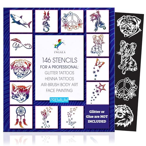 Glitter Tattoo Set with 146 Designs for Kids & Adults - Face, Henna & Airbrush Art