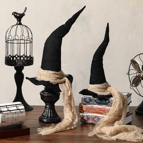 Vintage Halloween Witch Hat Table Centerpieces - Rustic Cotton Gauze Set, 13.78" & 11.02" - 2 Sizes