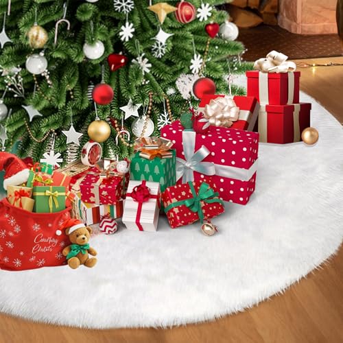 48 Inch White Faux Fur Christmas Tree Skirt for 7.5-9 Ft Trees - Holiday Decor