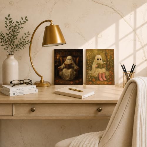 Ghost Reading Book Wall Art Decor Set of 4 - Halloween Fall Whimsical 8x10 Inch
