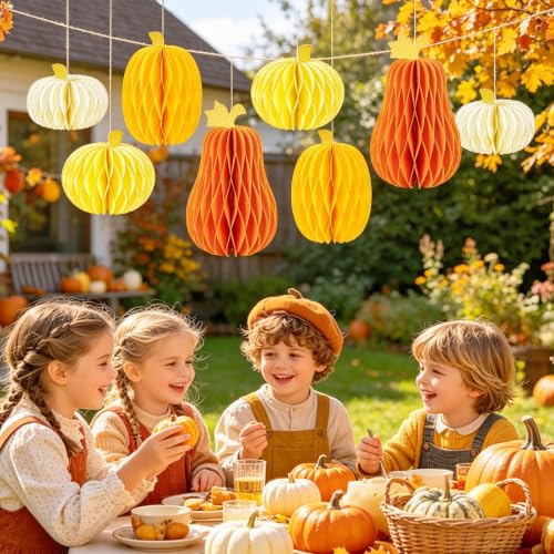 Yellow Pumpkin Honeycomb Centerpiece Set - Fall Autumn Halloween Thanksgiving Decor