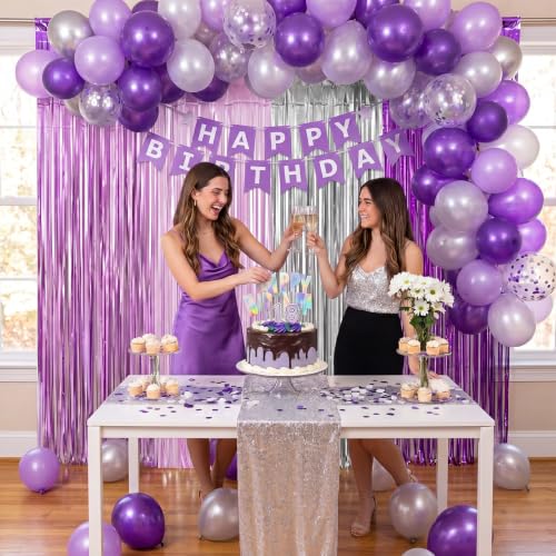 Purple and Silver Fringe Backdrop Curtains - 6.6ft Party Decor Set of 4