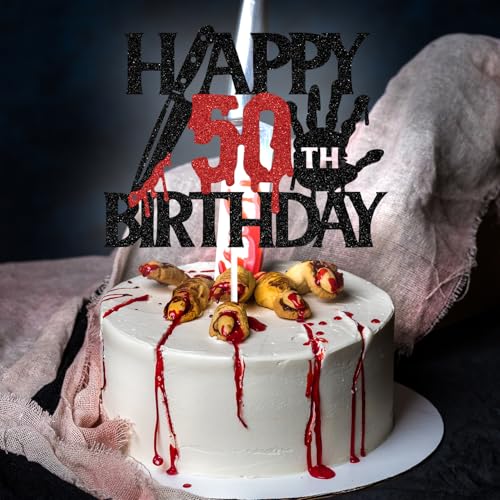 Black Glitter Killer Happy 50th Birthday Cake Topper - Halloween Horror Theme - Variation 50