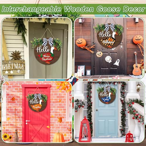 Wooden Goose Welcome Sign with Interchangeable Outfits - Rustic Farmhouse Porch Decor - 13 Pieces - Variation of Goose Outfits