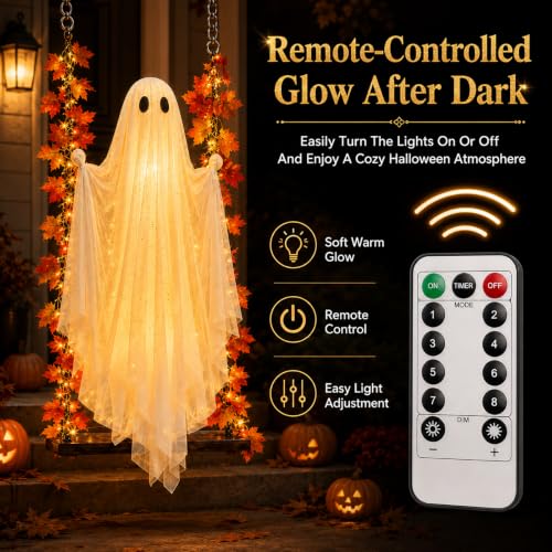 Halloween Decorations Light Up Swinging Ghost on Swing - 6.6 Ft Outdoor Porch Accent with Maple Leaves - Variation 30