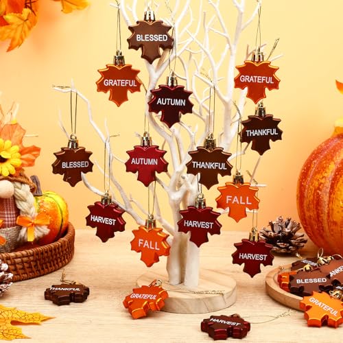 Fall Thanksgiving Maple Leaf Tree Ornaments - 24 Pcs Autumn Hanging Decor - Seasonal Holiday Decorations