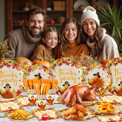 Thanksgiving Party Supplies Set with Plates Napkins Cups Forks Knives Spoons Fall Decorations