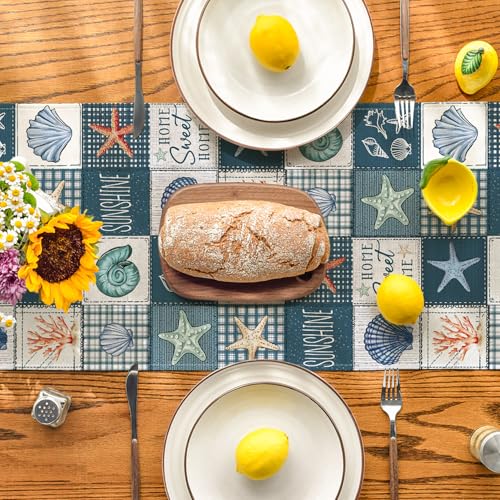 13x90 Inch Summer Checkered Conch Shell & Starfish Table Runner - Blue