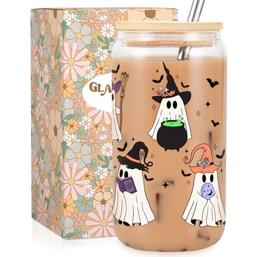Halloween Ghost Witch Coffee Glass Tumbler - Spooky Iced Drink Cup