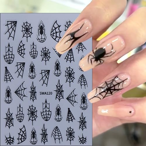 Halloween Nail Art Stickers Decals - 8 Sheets Spiders Webs Gold Silver Black White DIY Manicure