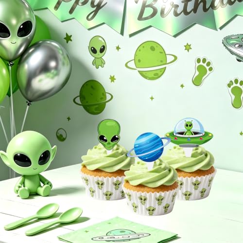 Alien Cupcake Toppers Set of 48 - Space Theme Cake Decorations for Party, Halloween, Birthday