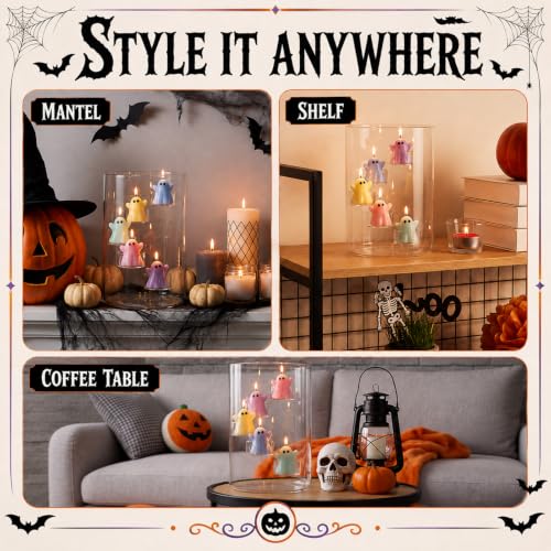 Halloween Glass Hurricane Candle Holder Set with Ghost Candles - Colorful Ghost Variation