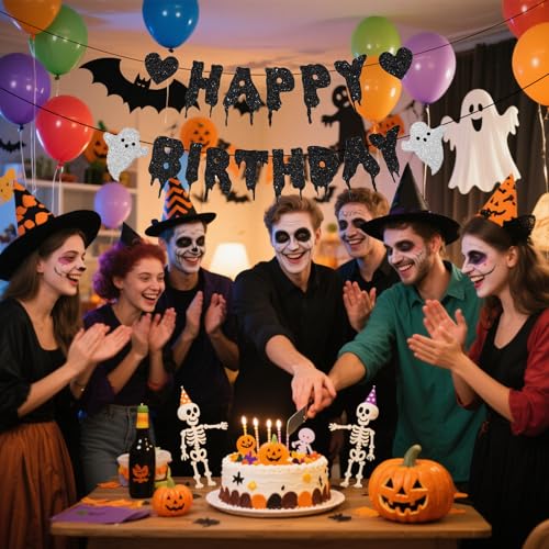 Halloween Birthday Banner Black Glitter Wall Decorations for Party