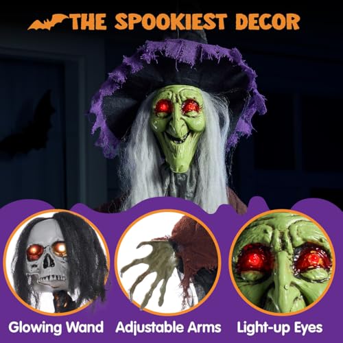 Halloween Hanging Witch Decor with Light-Up Skull Wand Outdoor Spooky Decoration