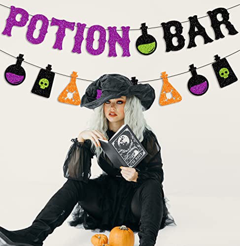 Halloween Potion Bar Banner with Potion Signs and Glitter Garland