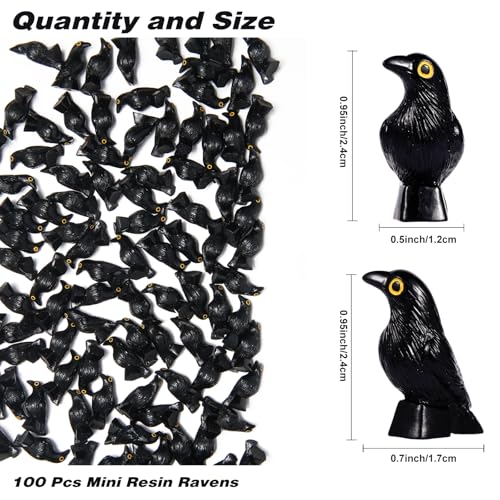Mini Black Crow Figurines Set - Halloween Decor, Gothic Resin Animal Ornaments, 1 Inch, 100 Pieces