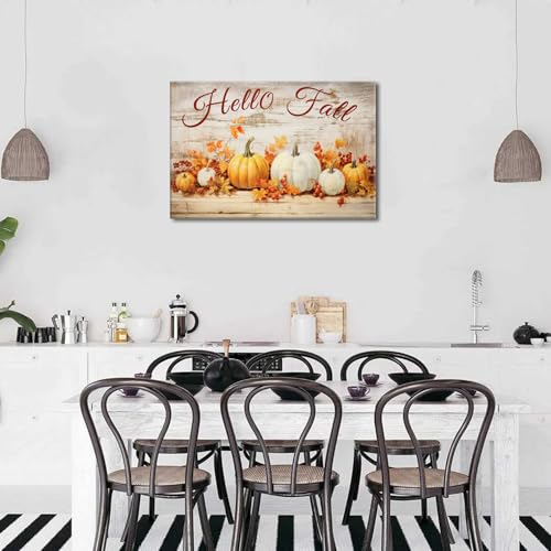 Hello Fall Rustic Pumpkin Wall Art - 36x24 Farmhouse Autumn Canvas Decor