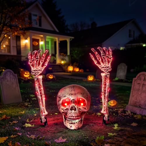 Light Up Skeleton Skull & Hands Halloween Decorations - Red Variation