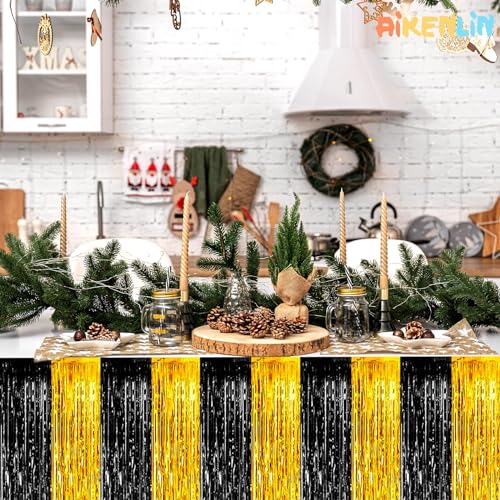Black and Gold Metallic Foil Fringe Table Skirts 29x108 Inches - 6 Pack for Weddings Parties