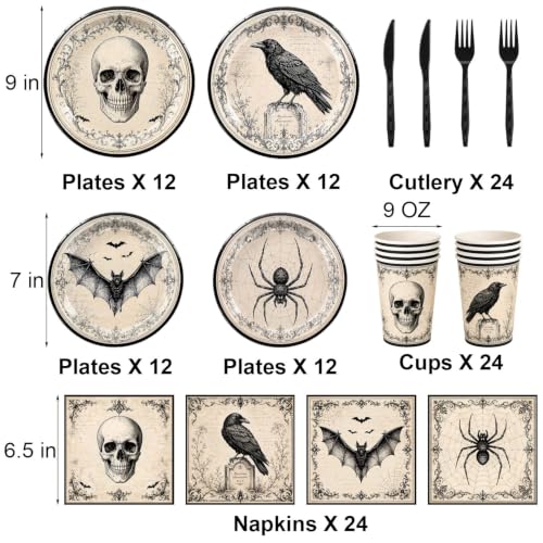 Halloween Party Supplies Set with Gothic Skull Raven Bats & Spiders for 24 Guests