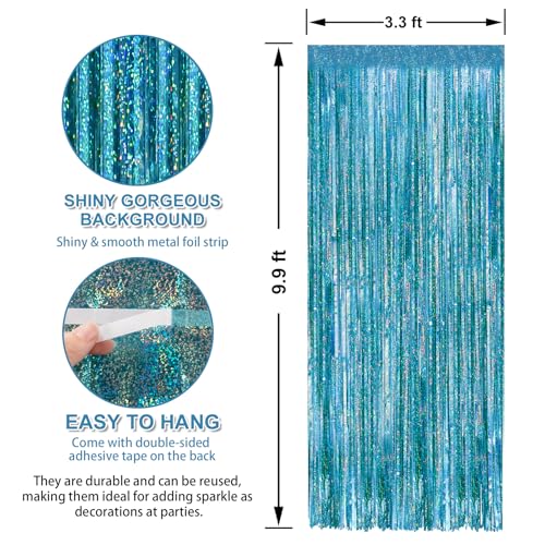 Crosize 4 Pack Laser Blue Fringe Curtain Backdrop - 3.3 x 9.9 ft Party Decor
