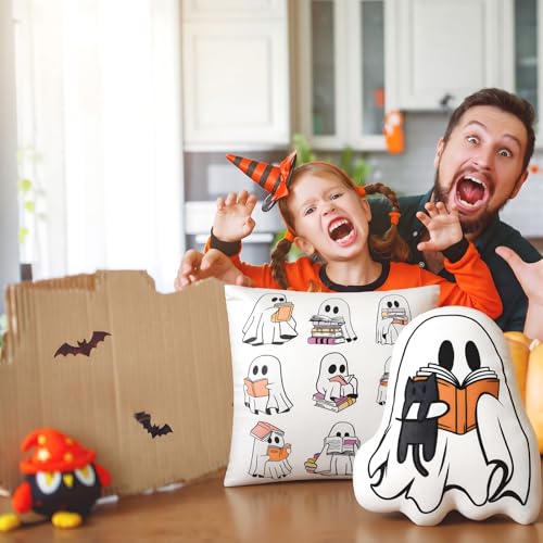Halloween Ghost Reading Book Throw Pillows Set - Cuddly 15.7-Inch Decor