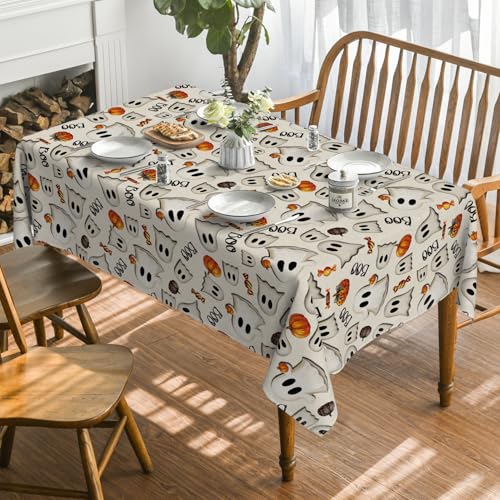 Halloween Tablecloth 60 x 60 Inch Square Ghost Pumpkin Candy Design Beige