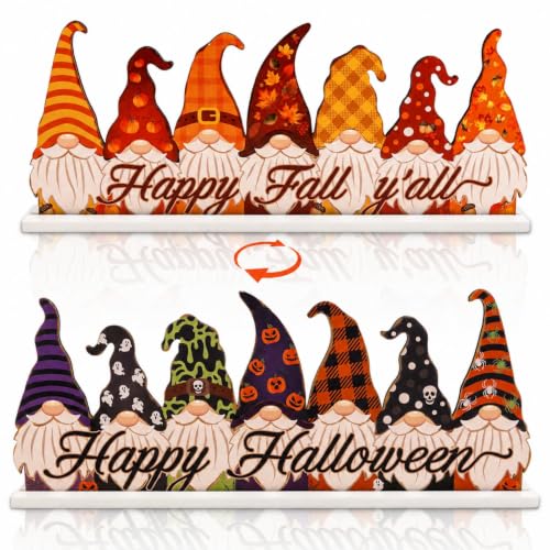 Reversible Fall & Halloween Gnome Sign - Wooden Table Centerpiece with Orange & Purple Variations