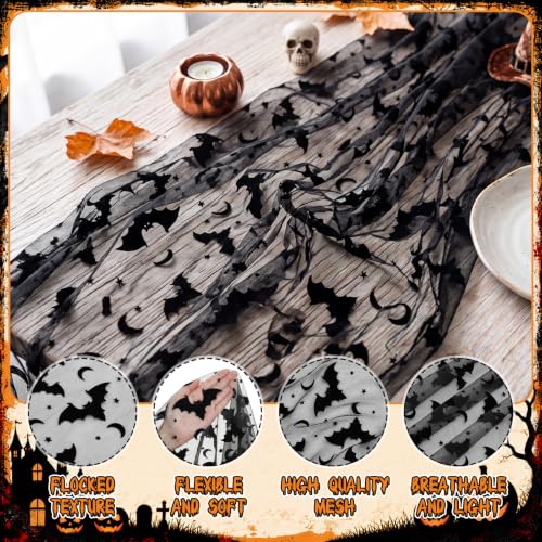 Bat Halloween Table Runner Set - Black Flocked Lace, 3 Pieces, 70x30 Inches