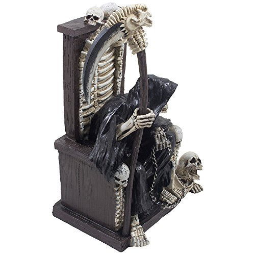 Spooky Grim Reaper Sitting on Bone Throne Halloween Decor Statue, Gothic Horror Gift