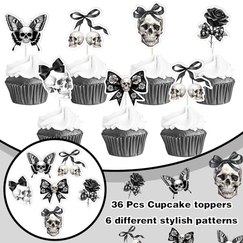 Gothic Birthday Cake Decorations Set – Skull, Black Bow & Skeleton Toppers for Halloween & Gothic Parties