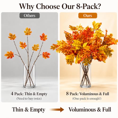 Artificial Maple Leaves Stems 8-Pack Fall Decor for Thanksgiving & Autumn Centerpieces