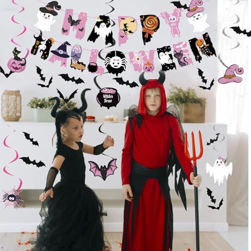 Halloween Decorations Banner Swirls Bat Cake Toppers Party Kit Pink Black