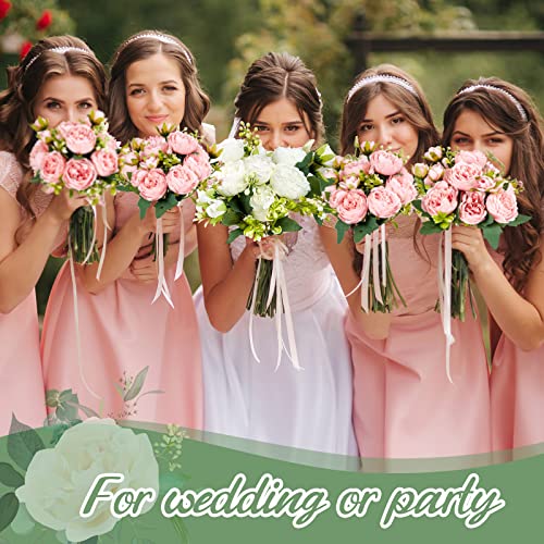 Silk Peony Flower Bundles - White & Pink Faux Flowers for Home & Wedding Decor - 12 Pack