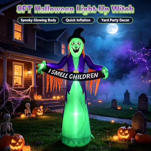 8FT Inflatable Halloween Witch Decor with LED Lights - Greenish Purple Variation