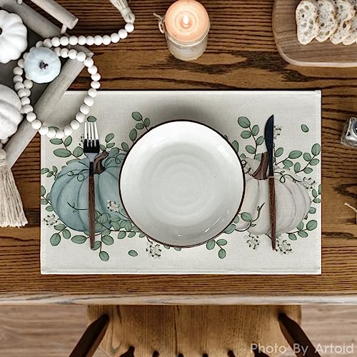 Autumn Fall Placemats Set of 4 - 12x18 Inch Eucalyptus & Pumpkin Table Decor